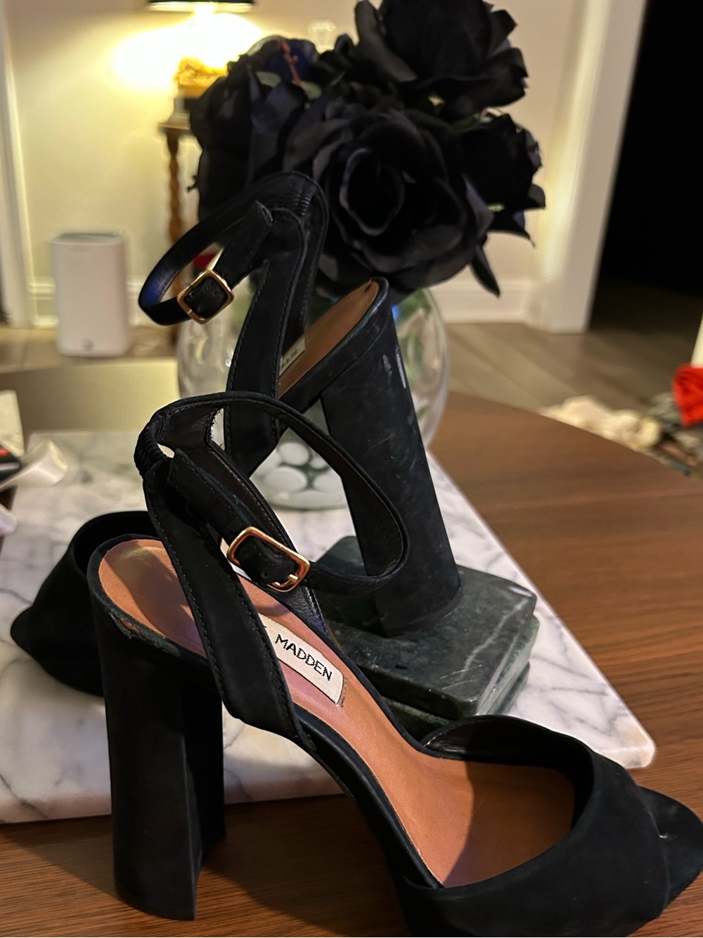 Steve Madden Black Suede Platform Ankle-Strap Block Heels